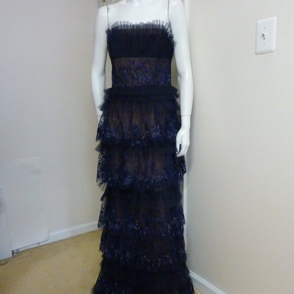 MARCHESA Tiered Terrarium Column Gown In Midnight - Picture 5 of 12